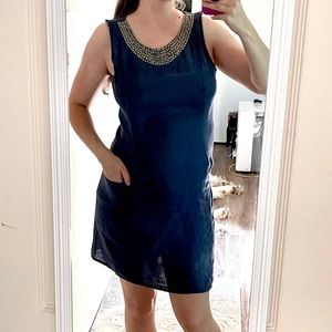 Lina Tomei 100% Linen Mini Dress Size Medium Made in Italy Navy Blue Vacation